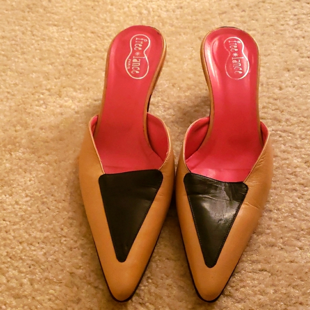 Freelance Paris pointy leather mules 7.5 37.5 7 beige black trim